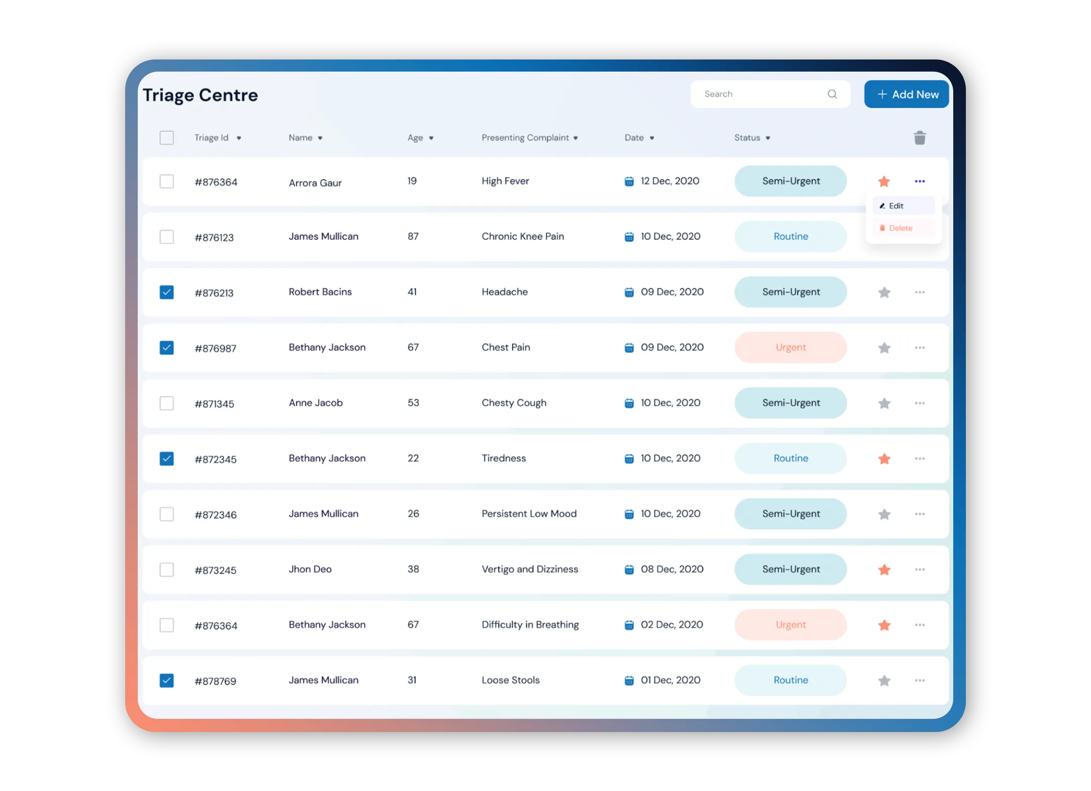 Triage Centre table listing patient details including Triage ID, name, age, complaint, date, and status with options to edit or delete entries.