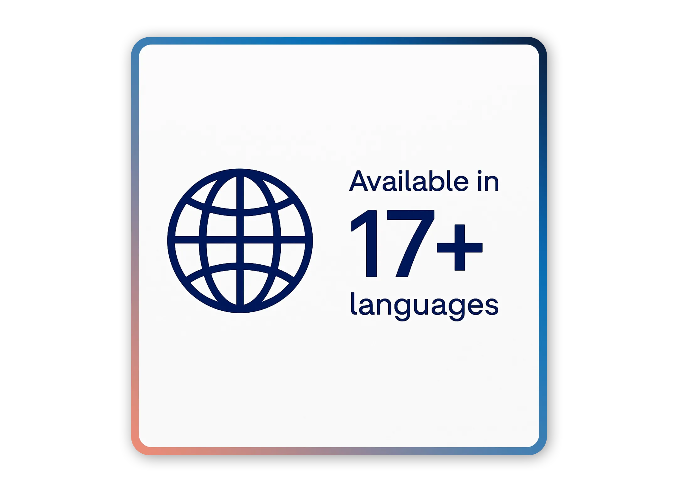 Icon of a globe next to text stating availability in 17+ languages.