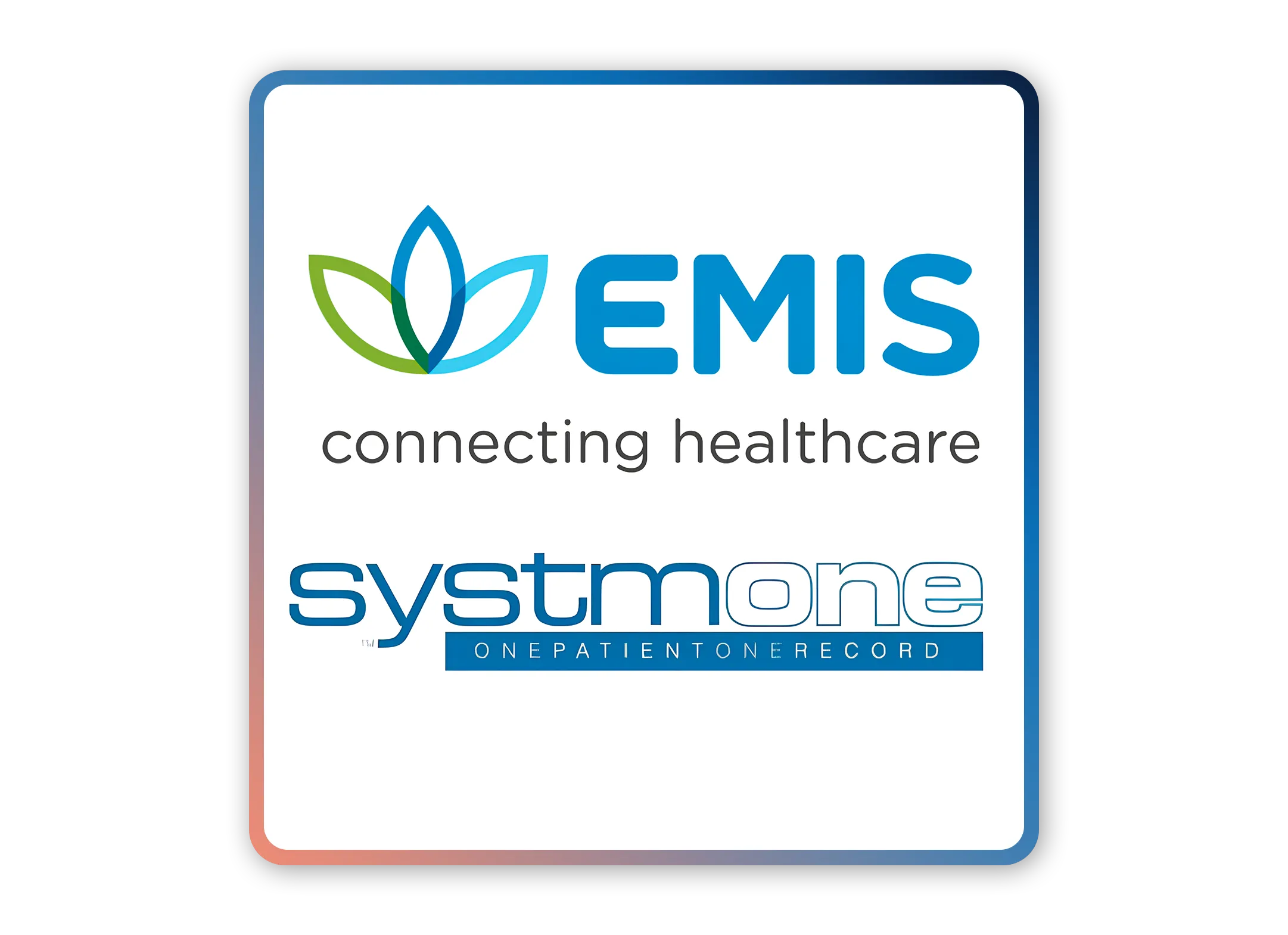 EMIS logo with three overlapping leaves above the text 'connecting healthcare' and the SystemOne logo below with the tagline 'One Patient One Record'.