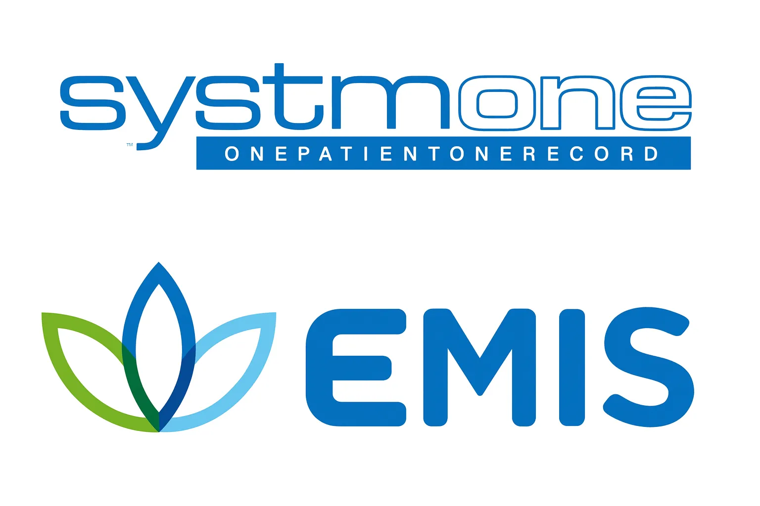 SystemOne logo with tagline 'One Patient One Record' above EMIS logo featuring a three-leaf design in green, dark blue, and light blue.