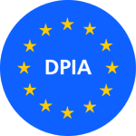 Blue circle with yellow stars arranged in a ring and white text 'DPIA' in the center.