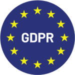 GDPR text surrounded by 12 yellow stars in a circle on a dark blue background, representing the European Union.