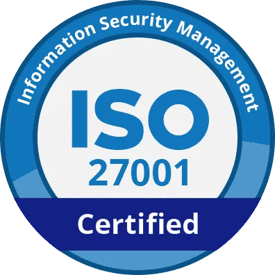ISO 27001 Certified information security management badge in blue and white.