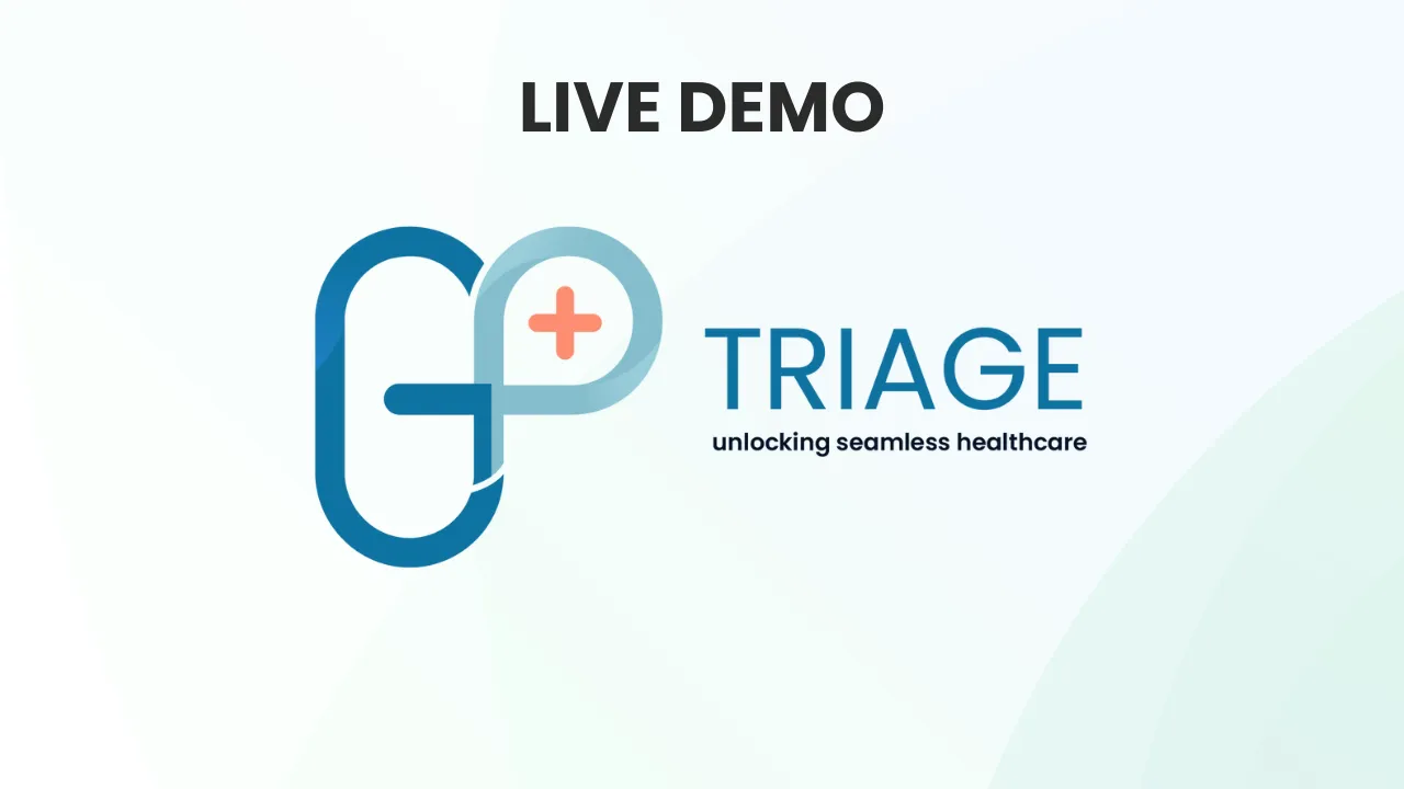 Logo with text 'LIVE DEMO' and 'TRIAGE unlocking seamless healthcare' alongside a pill-shaped icon containing a medical cross.