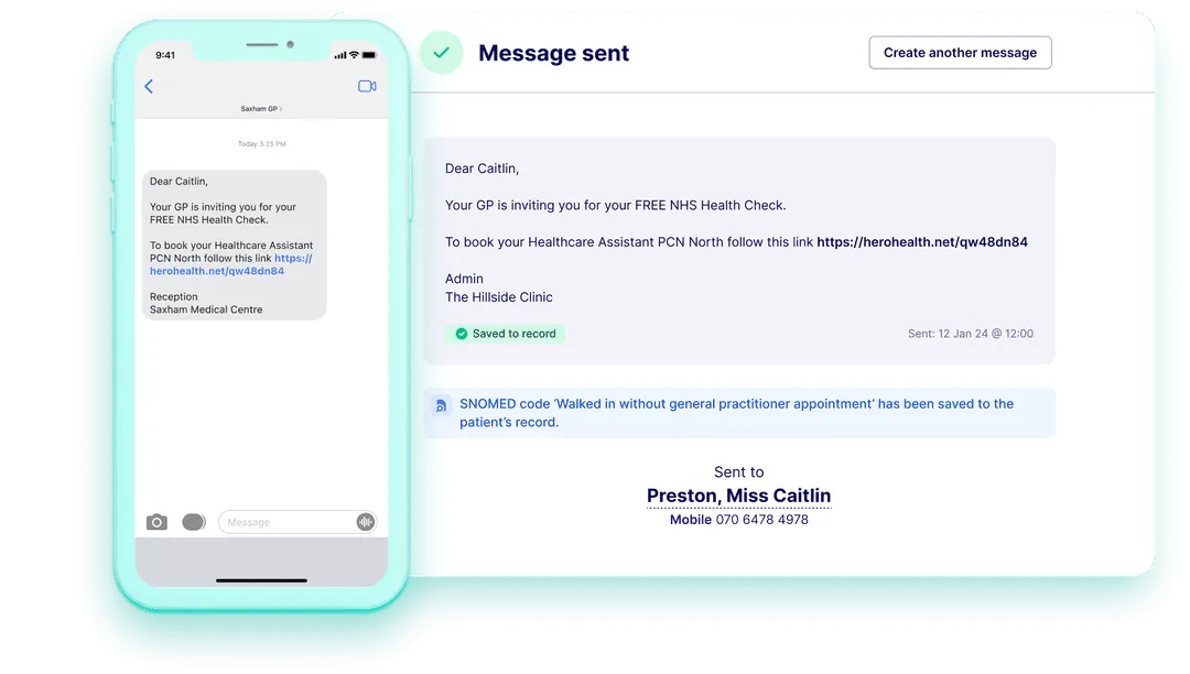 Screenshot of a message invitation for a free NHS Health Check sent to Caitlin Preston from Saxham GP with instructions to book via a link, confirming the message was sent and saved to the patient's record.