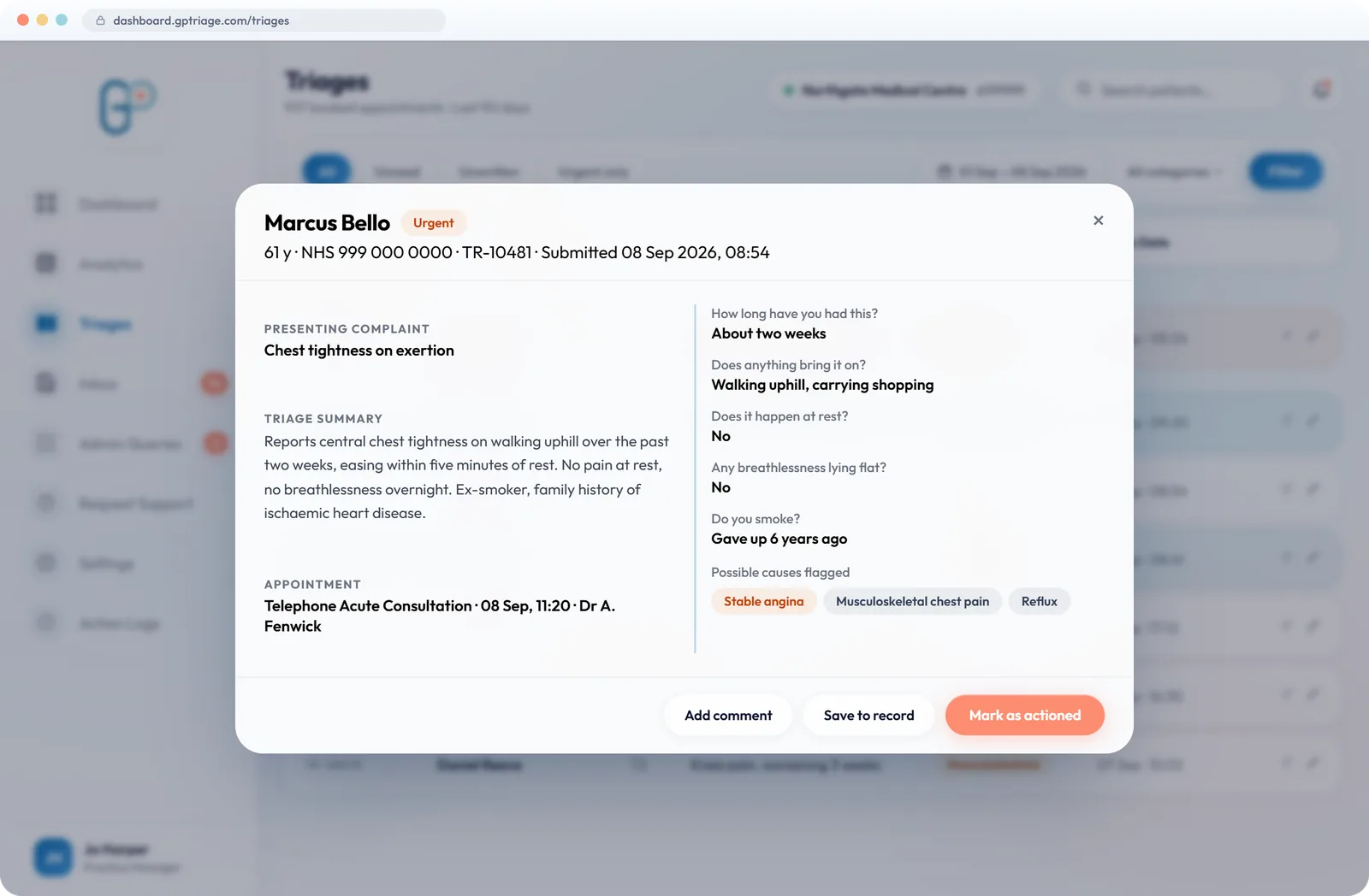 Triage detail panel for an urgent patient showing presenting complaint, triage summary, patient answers and flagged possible causes, with options to add a comment, save to record or mark as actioned.