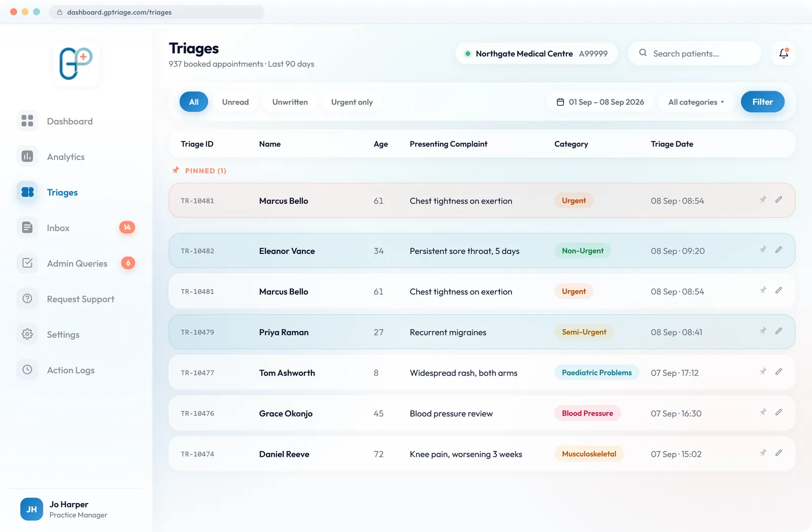 GP Triage Triages screen listing patient triages with Triage ID, name, age, presenting complaint, urgency category and triage date, with filters for unread, unwritten and urgent-only cases.