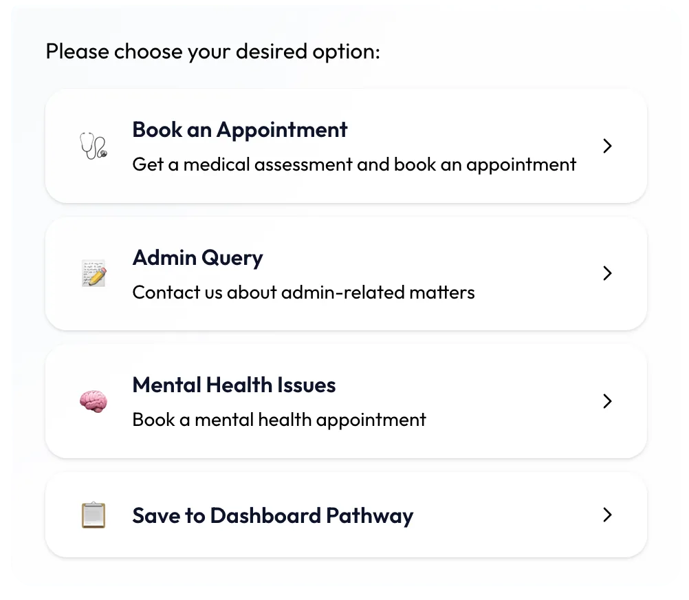 Patient booking menu asking the patient to choose an option: book an appointment, raise an admin query, book a mental health appointment, or save to dashboard pathway.